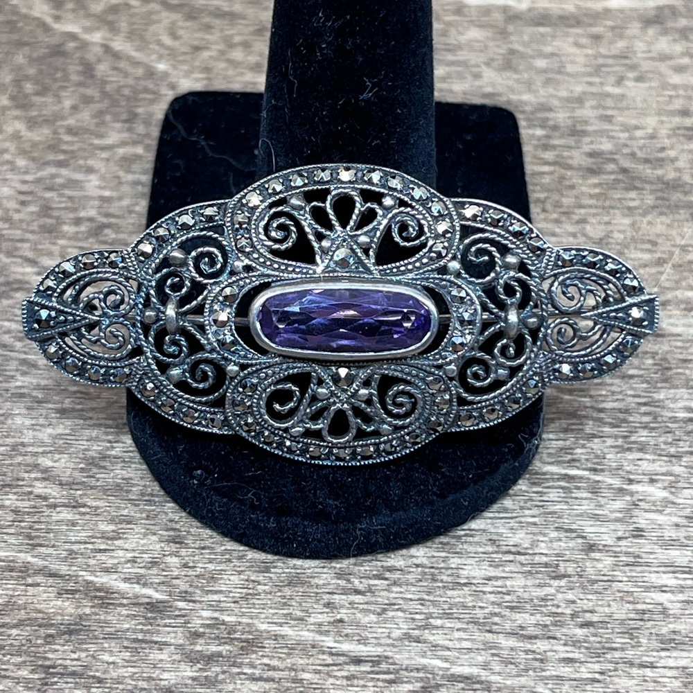 Vintage Victorian Style Sterling Amethyst & Marcasite Brooch